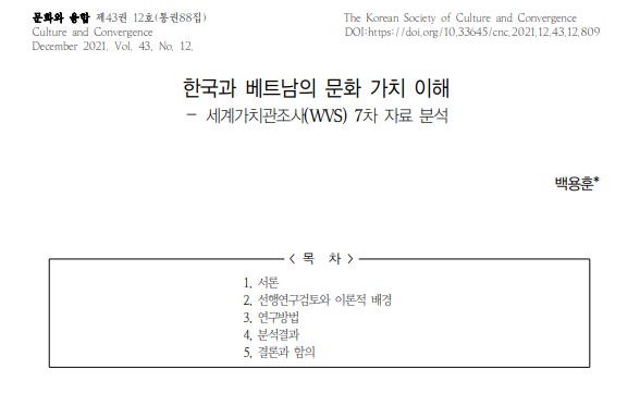 백용훈: "한국과 베트남의 문화 가치 이해 :세계가치관조사(WWS) 7차 자료 분석" 논문 게재 첨부 이미지
